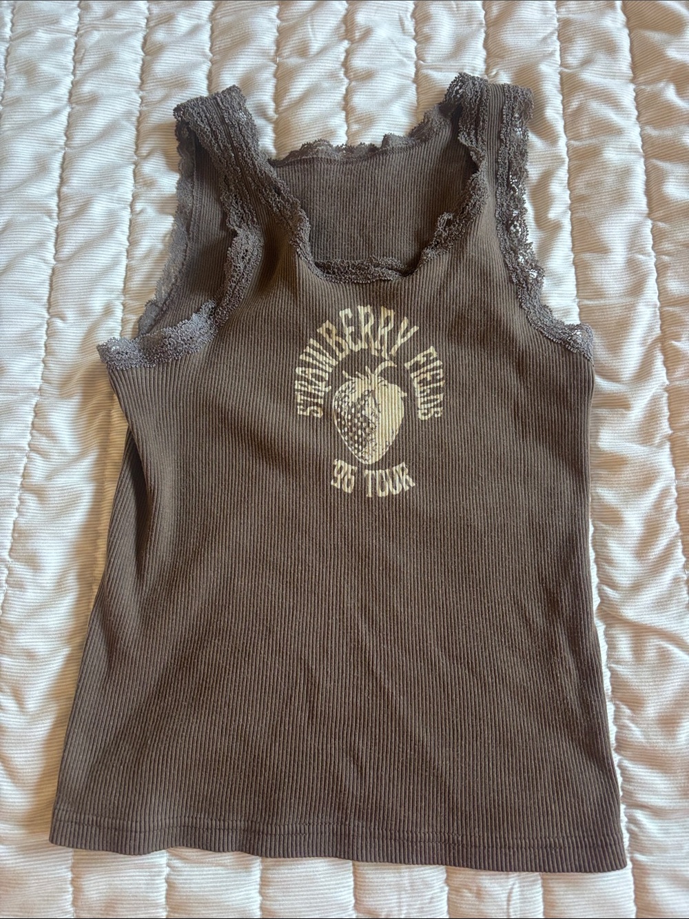 Brandy Melville Brown Ribbed Lace-Trim Tank with Strawberry Graphic